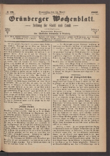 Grünberger Wochenblatt: Zeitung für Stadt und Land, No. 29. (11. April 1867)