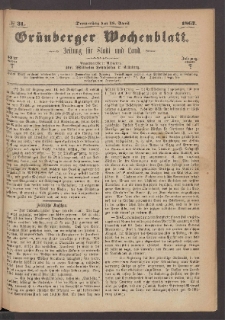 Grünberger Wochenblatt: Zeitung für Stadt und Land, No. 31. (18. April 1867)
