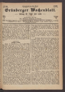 Gr&uuml;nberger Wochenblatt: Zeitung f&uuml;r Stadt und Land, No. 32. (20. April 1867)