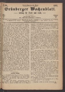 Grünberger Wochenblatt: Zeitung für Stadt und Land, No. 33. (25. April 1867)