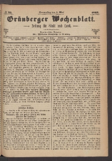 Grünberger Wochenblatt: Zeitung für Stadt und Land, No. 35. (2. Mai 1867)