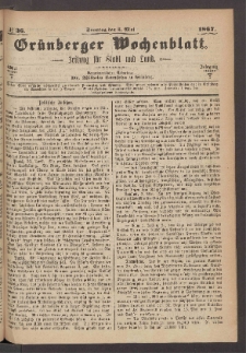 Grünberger Wochenblatt: Zeitung für Stadt und Land, No. 36. (5. Mai 1867)