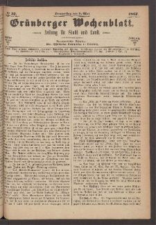 Grünberger Wochenblatt: Zeitung für Stadt und Land, No. 37. (9. Mai 1867)