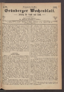 Gr&uuml;nberger Wochenblatt: Zeitung f&uuml;r Stadt und Land, No. 38. (12. Mai 1867)