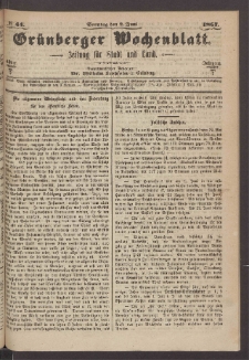 Grünberger Wochenblatt: Zeitung für Stadt und Land, No. 44. (2. Juni 1867)