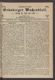 Grünberger Wochenblatt: Zeitung für Stadt und Land, No. 45. (6. Juni 1867)