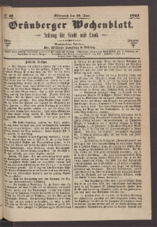 Grünberger Wochenblatt: Zeitung für Stadt und Land, No. 47. (12. Juni 1867)