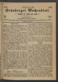 Gr&uuml;nberger Wochenblatt: Zeitung f&uuml;r Stadt und Land, No. 48. (16. Juni 1867)