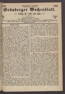 Grünberger Wochenblatt: Zeitung für Stadt und Land, No. 49. (20. Juni 1867)