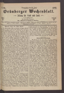 Grünberger Wochenblatt: Zeitung für Stadt und Land, No. 51. (27. Juni 1867)
