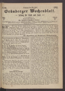Grünberger Wochenblatt: Zeitung für Stadt und Land, No. 52. (30. Juni 1867)
