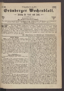 Gr&uuml;nberger Wochenblatt: Zeitung f&uuml;r Stadt und Land, No. 53. (4. Juli 1867)