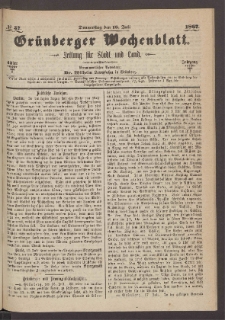 Grünberger Wochenblatt: Zeitung für Stadt und Land, No. 57. (18. Juli 1867)