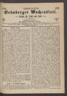 Grünberger Wochenblatt: Zeitung für Stadt und Land, No. 57. (18. Juli 1867)