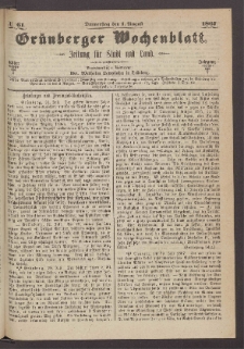 Gr&uuml;nberger Wochenblatt: Zeitung f&uuml;r Stadt und Land, No. 61. (1. August 1867)