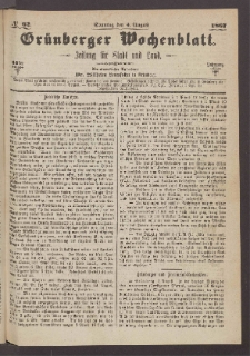 Grünberger Wochenblatt: Zeitung für Stadt und Land, No. 62. (4. August 1867)