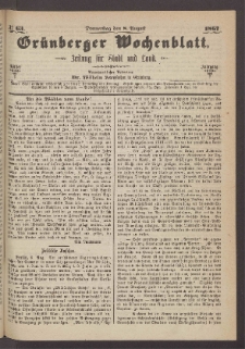 Gr&uuml;nberger Wochenblatt: Zeitung f&uuml;r Stadt und Land, No. 63. (8. August 1867)