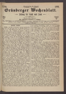 Grünberger Wochenblatt: Zeitung für Stadt und Land, No. 64. (11. August 1867)