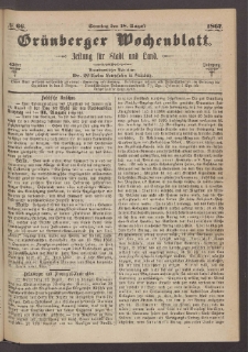 Gr&uuml;nberger Wochenblatt: Zeitung f&uuml;r Stadt und Land, No. 66. (18. August 1867)
