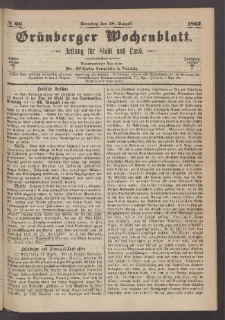 Grünberger Wochenblatt: Zeitung für Stadt und Land, No. 66. (18. August 1867)