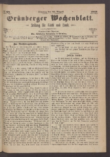 Grünberger Wochenblatt: Zeitung für Stadt und Land, No. 68. (25. August 1867)