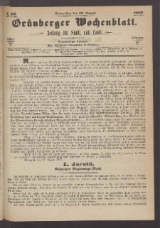 Gr&uuml;nberger Wochenblatt: Zeitung f&uuml;r Stadt und Land, No. 69. (29. August 1867)