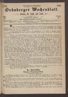 Grünberger Wochenblatt: Zeitung für Stadt und Land, No. 69. (29. August 1867)
