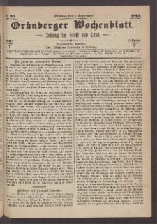 Grünberger Wochenblatt: Zeitung für Stadt und Land, No. 70. (1. September 1867)