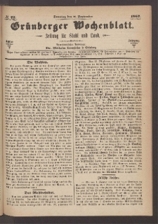 Grünberger Wochenblatt: Zeitung für Stadt und Land, No. 72. (8. September 1867)