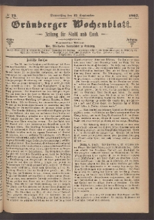 Grünberger Wochenblatt: Zeitung für Stadt und Land, No. 73. (12. September 1867)