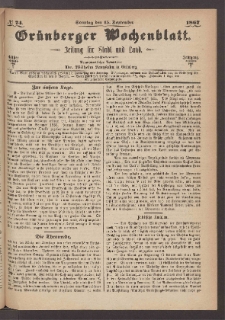 Grünberger Wochenblatt: Zeitung für Stadt und Land, No. 74. (15. September 1867)