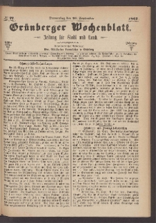 Grünberger Wochenblatt: Zeitung für Stadt und Land, No. 77. (26. September 1867)