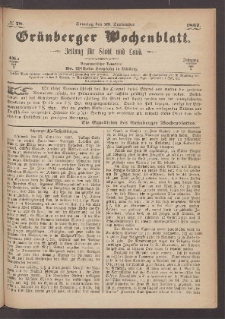 Grünberger Wochenblatt: Zeitung für Stadt und Land, No. 78. (29. September 1867)