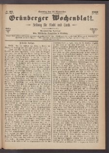 Gr&uuml;nberger Wochenblatt: Zeitung f&uuml;r Stadt und Land, No. 92. (17. November 1867)