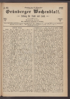 Grünberger Wochenblatt: Zeitung für Stadt und Land, No. 92. (17. November 1867)