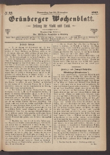 Grünberger Wochenblatt: Zeitung für Stadt und Land, No. 93. (21. November 1867)