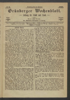 Grünberger Wochenblatt: Zeitung für Stadt und Land, No. 2. (5. Januar 1868)