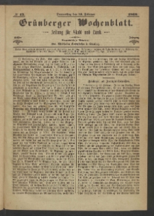 Grünberger Wochenblatt: Zeitung für Stadt und Land, No. 13. (13. Februar 1868)
