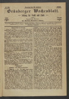 Grünberger Wochenblatt: Zeitung für Stadt und Land, No. 14. (16. Februar 1868)