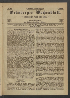 Grünberger Wochenblatt: Zeitung für Stadt und Land, No. 15. (20. Februar 1868)