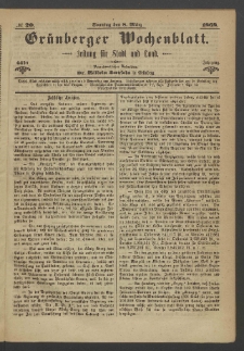 Grünberger Wochenblatt: Zeitung für Stadt und Land, No. 20. (8. März 1868)