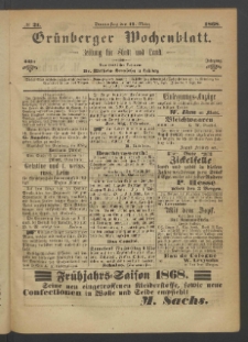 Grünberger Wochenblatt: Zeitung für Stadt und Land, No. 21. (12. März 1868)