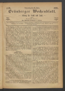Grünberger Wochenblatt: Zeitung für Stadt und Land, No. 31. (16. April 1868)