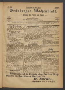 Grünberger Wochenblatt: Zeitung für Stadt und Land, No. 35. (30. April 1868)