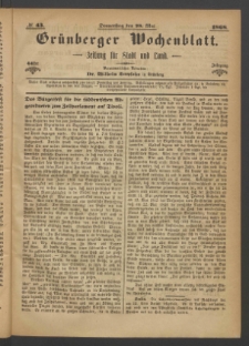 Grünberger Wochenblatt: Zeitung für Stadt und Land, No. 43. (28. Mai 1868)
