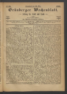 Grünberger Wochenblatt: Zeitung für Stadt und Land, No. 44. (30. Mai 1868)