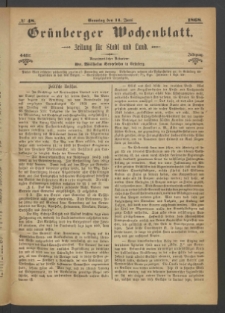 Grünberger Wochenblatt: Zeitung für Stadt und Land, No. 48. (14. Juni 1868)