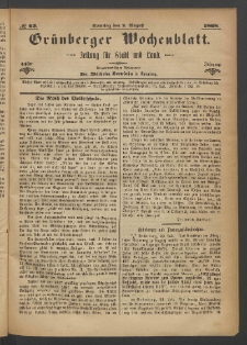 Grünberger Wochenblatt: Zeitung für Stadt und Land, No. 62. (2. August 1868)