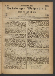 Gr&uuml;nberger Wochenblatt: Zeitung f&uuml;r Stadt und Land, No. 63. (6. August 1868)