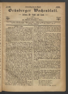 Grünberger Wochenblatt: Zeitung für Stadt und Land, No. 63. (6. August 1868)